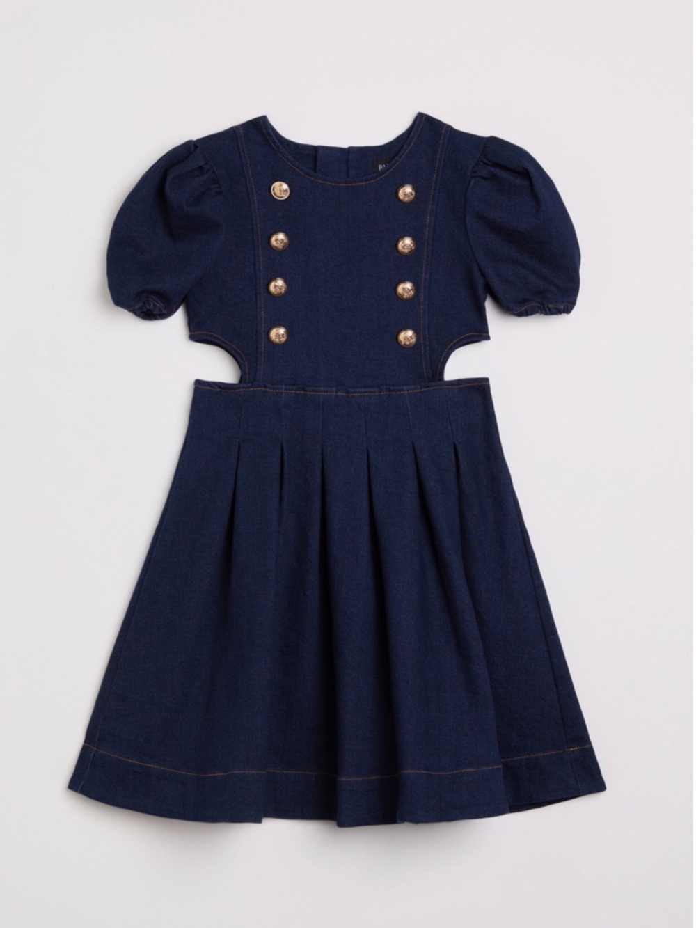 NWT Bardot Junior Pleated Denim Mini Dress Puff Sleeve Gold Button Cutout